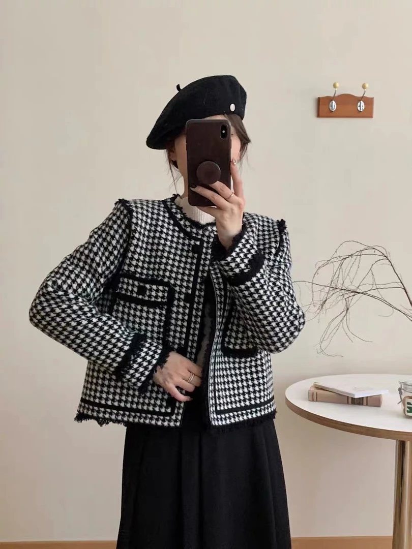 欧货高级感2024秋冬新款时尚千鸟格小香风粗花呢名媛外套女潮