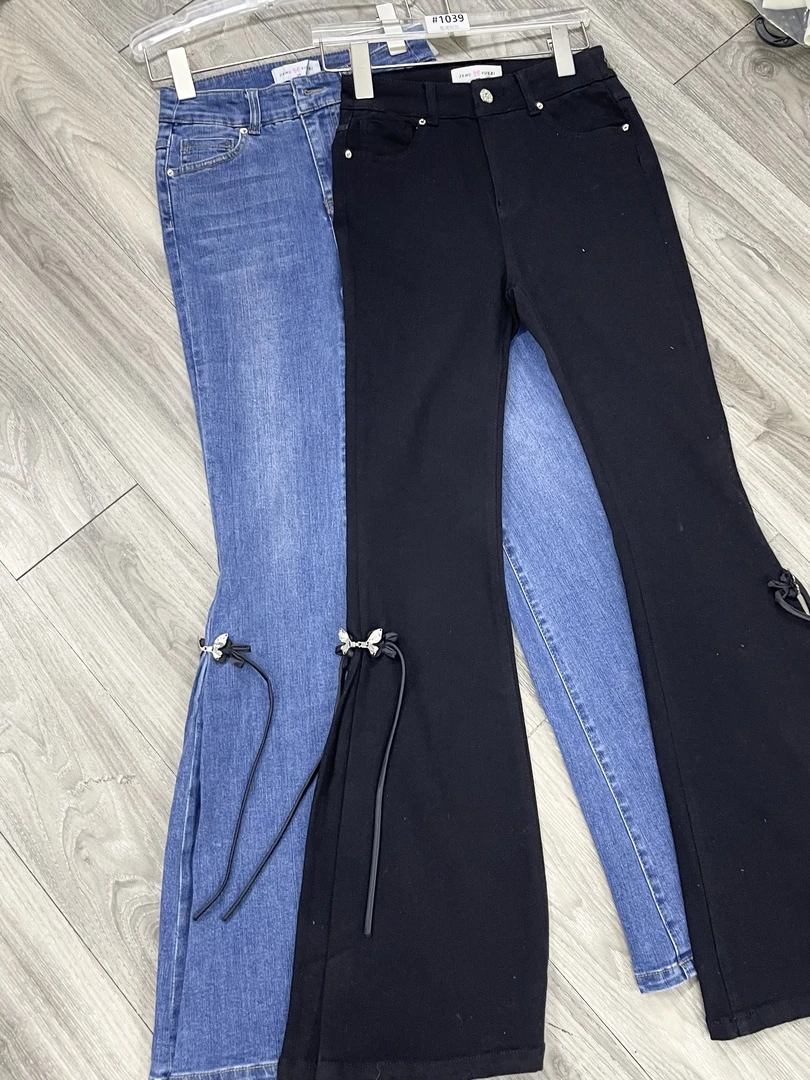 1036#辣妹牛仔裤女秋季高腰小脚裤紧身显瘦开叉裤蝴蝶结微喇叭裤