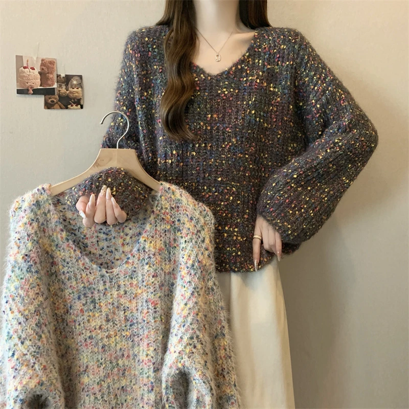 8065秋冬温柔彩点慵懒风毛衣女套头宽松百搭软糯V领针织衫上衣女