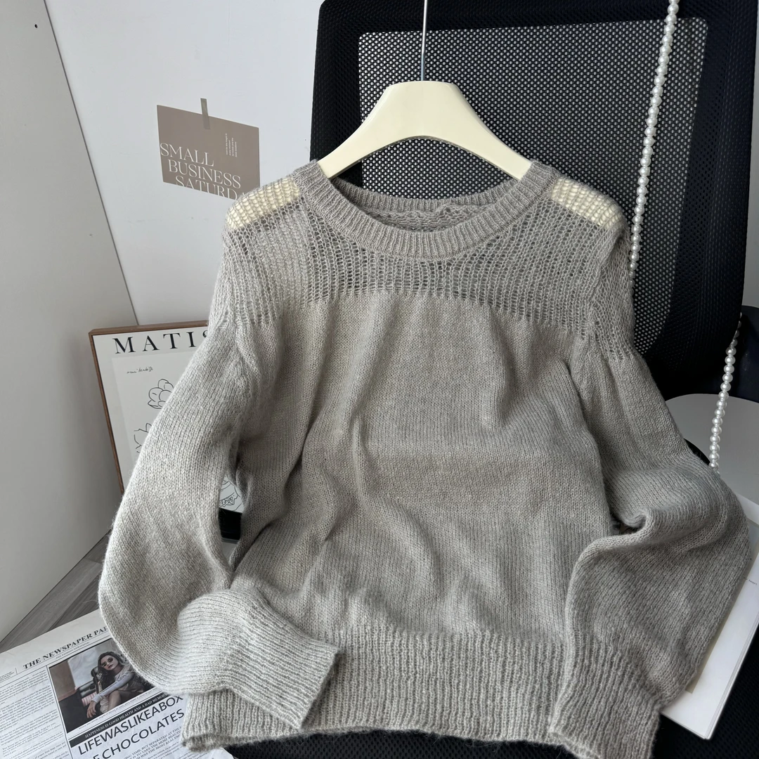 奶茶色镂空软糯马海毛毛衣秋季女2024年温柔风百搭气质长袖针织衫