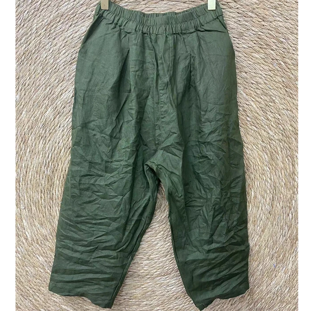 百分百纯亚麻100织纯色简约大码9分裤老爹裤