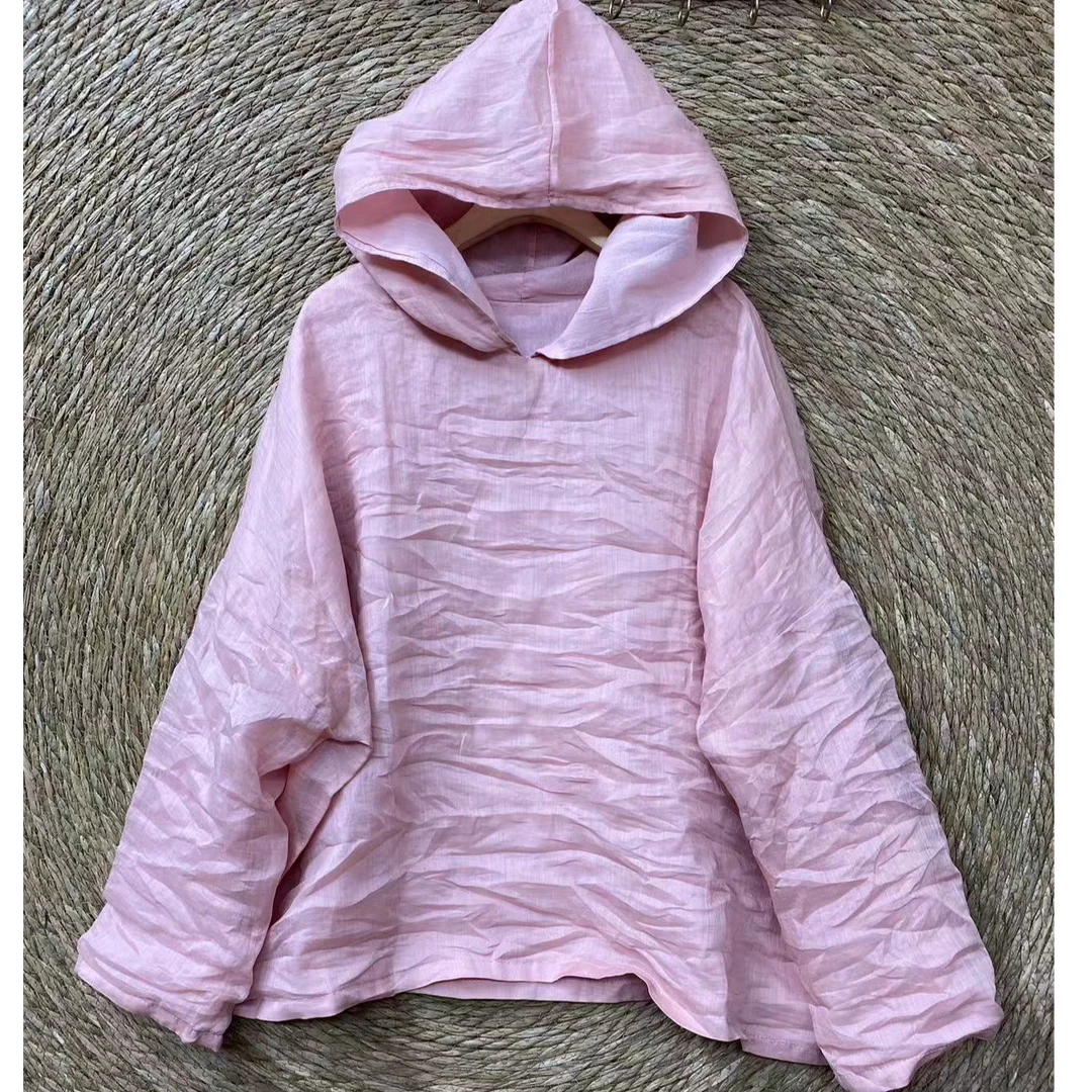 苎麻100织双层有内衬纯色宽松品质大码长袖帽衫上衣