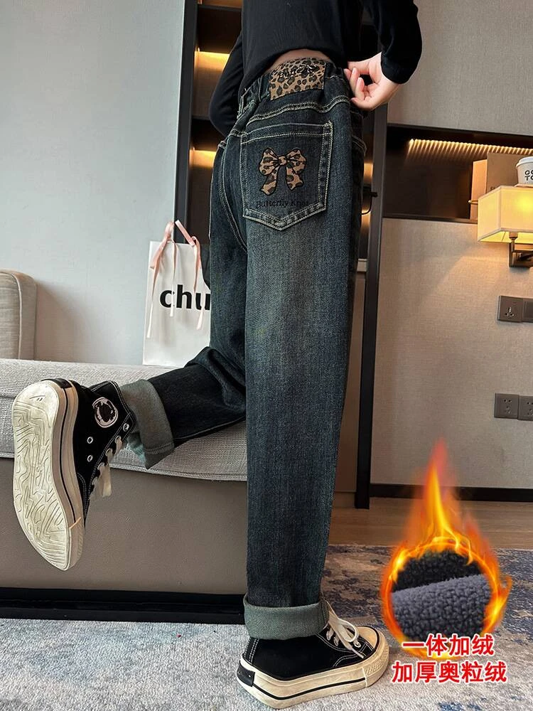 童装秋冬新款加绒裤子中大童女孩牛仔老爹裤宝宝保暖韩版一体绒裤