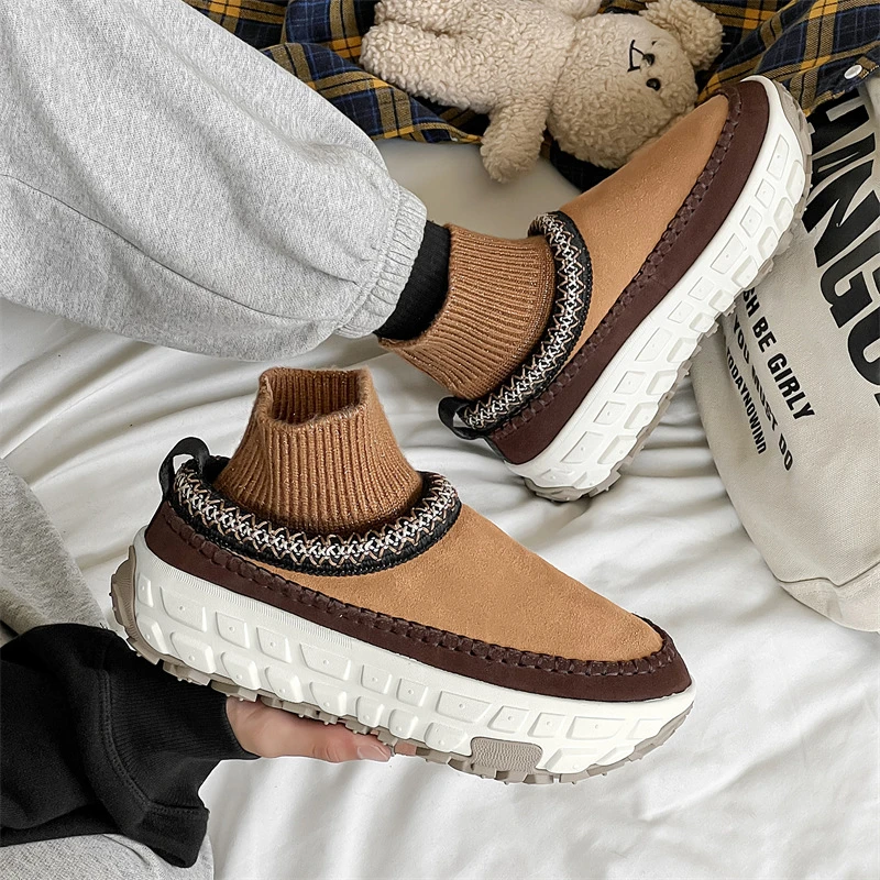 EMKF2024明星同款秋冬男女情侣雪地靴厚底增高轮胎鞋加棉保暖橡胶