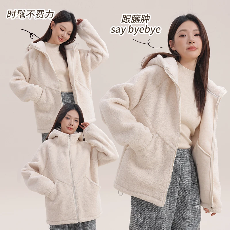 韩系时尚暖炉热绒衣加绒加厚保暖麒麟绒羊毛蚕丝休闲显瘦连帽外套