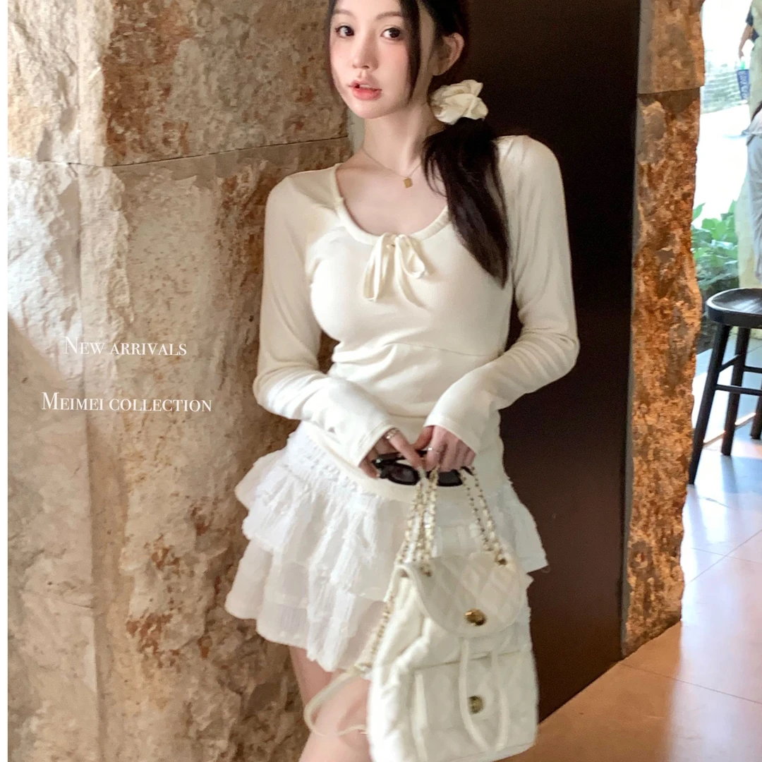 2024  #816秋冬新款辣妹纯欲风蝴蝶结磨毛长袖内搭修身显瘦上衣女