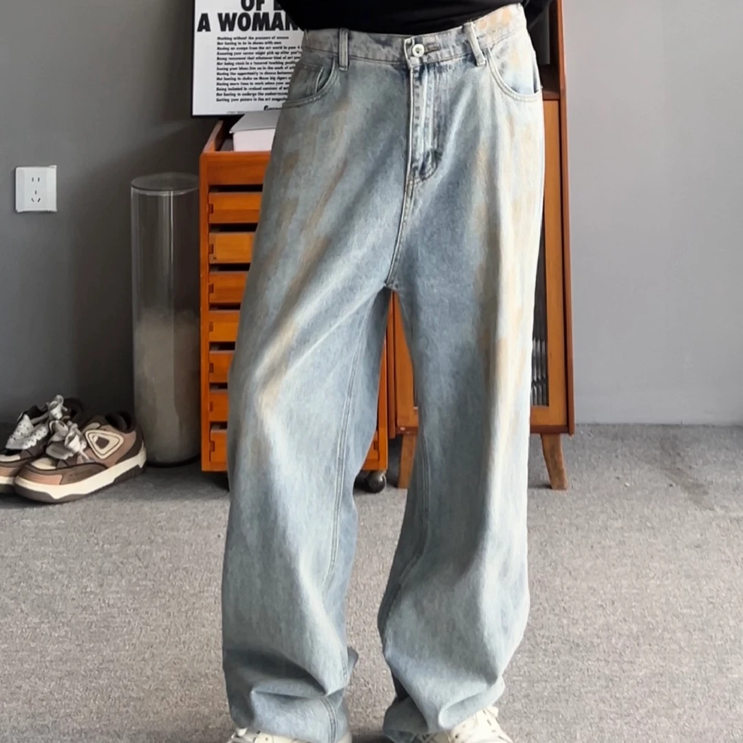 重磅美式复古废土风手工擦色做脏牛仔裤百搭直筒宽松休闲裤子