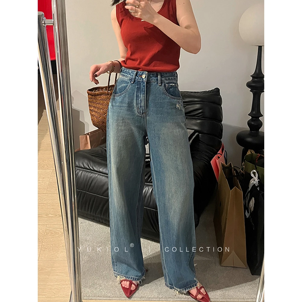 蓝色直筒牛仔裤女2024夏季新款小个子高腰大码显瘦磨破毛边弯刀裤