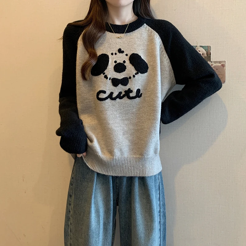 2024秋冬韩版新款胖mm大码女时尚百搭卡通刺绣撞色插肩针织上衣