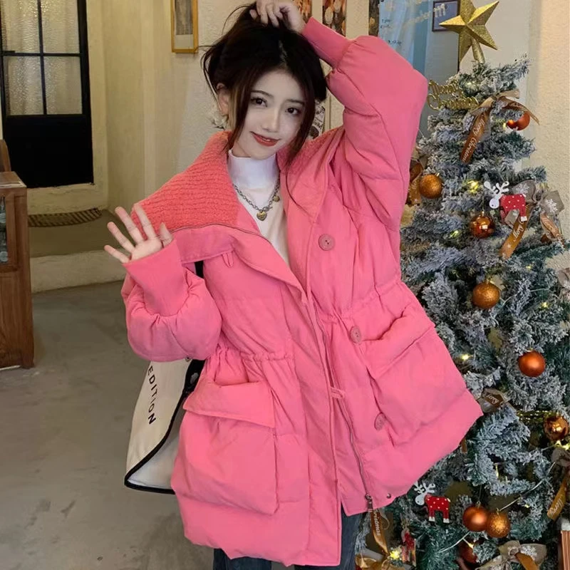泡泡格面料小个子收腰棉服女中长款新款韩版棉袄宽松显瘦加厚棉衣