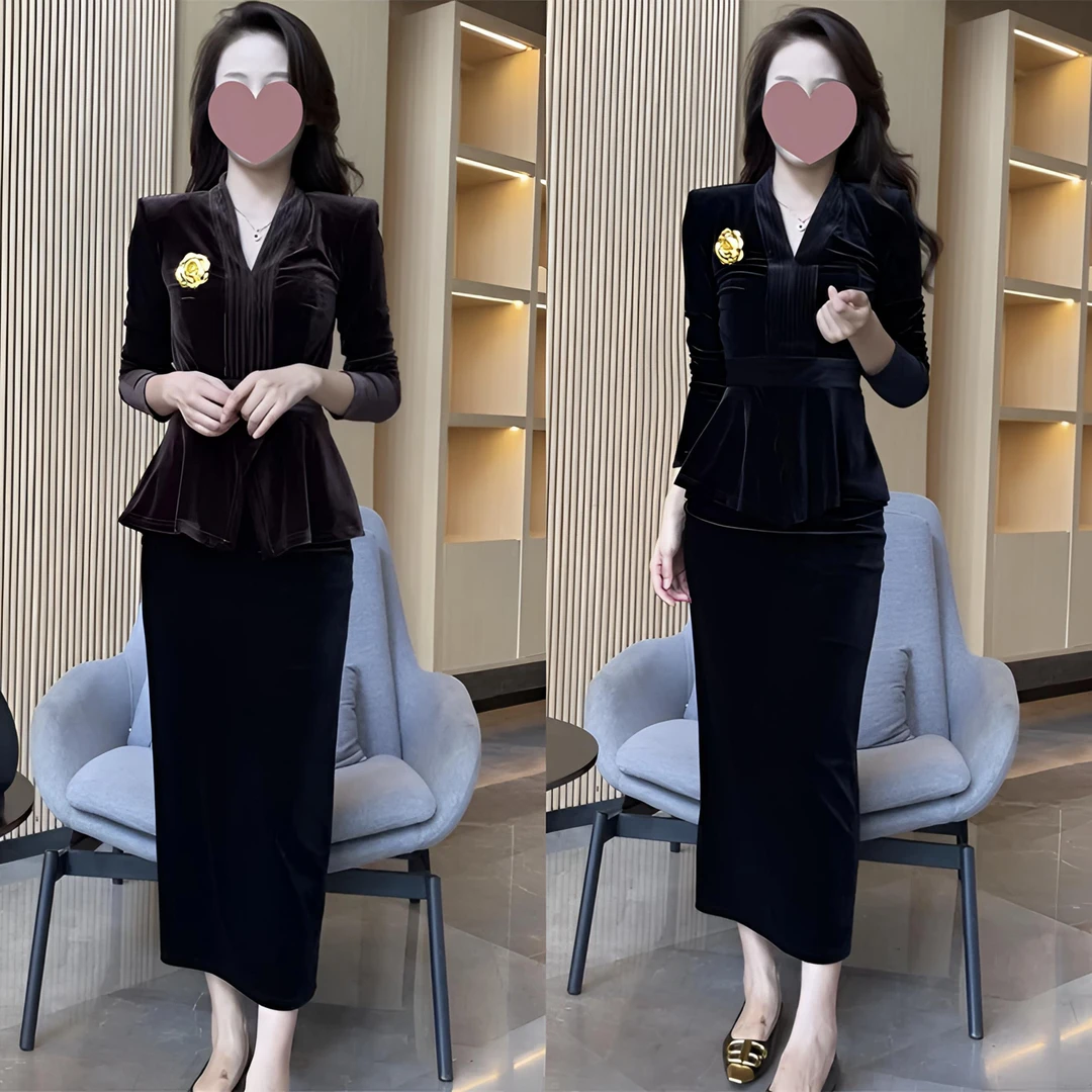 2024秋季新款高级洋气显瘦金丝绒上衣高腰开叉包臀半身裙套装潮