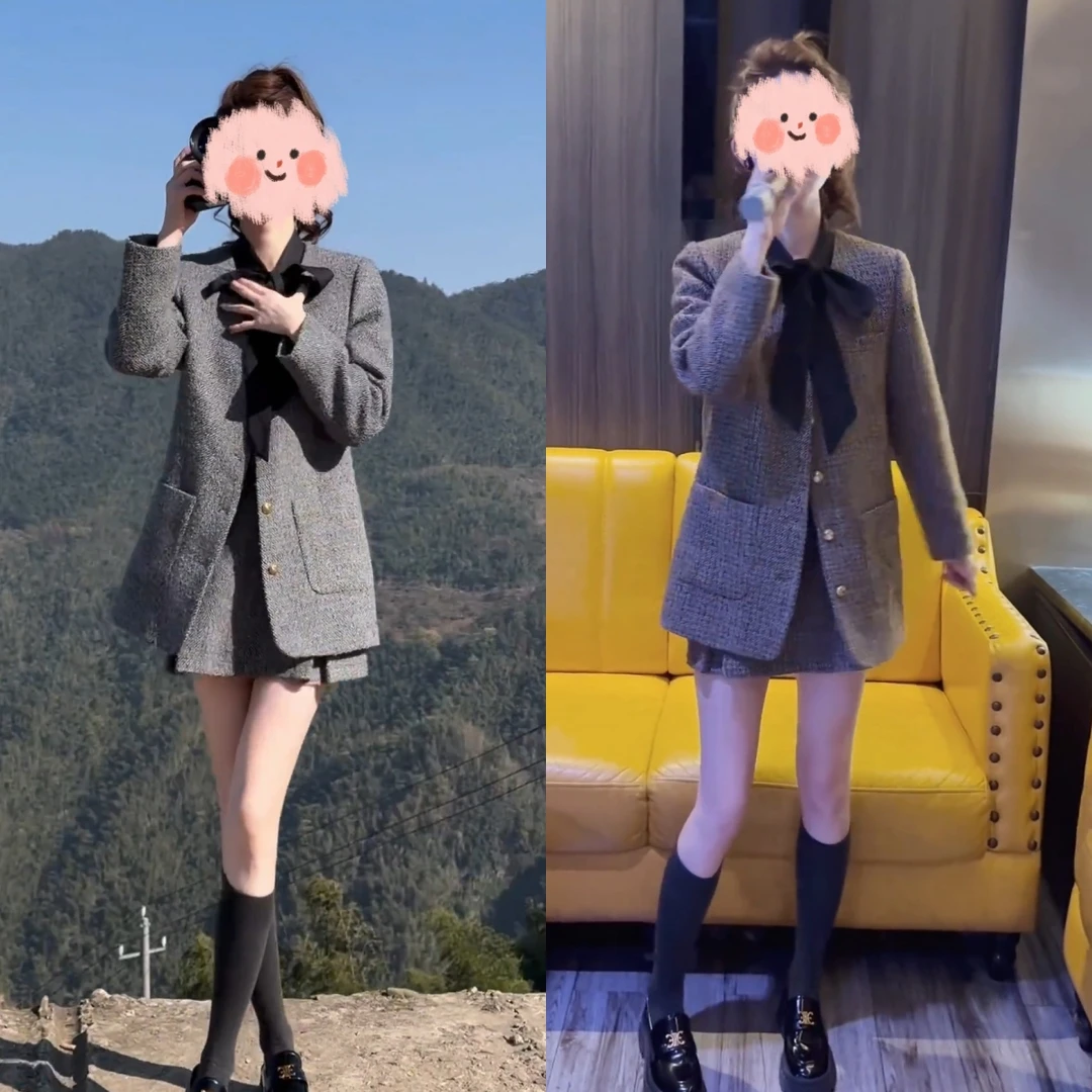 2024冬新款蝴蝶结小香风外套+高腰短裙两件套网红洋气穿搭一整套