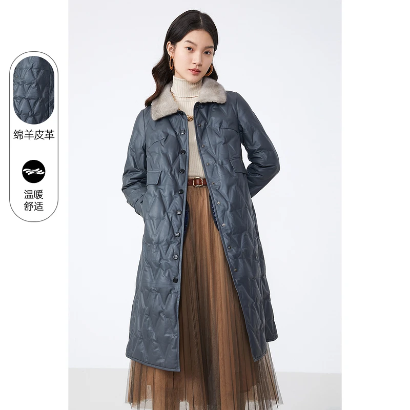 【皮羽绒】YINER音儿冬季新款水貂毛领单排过膝皮羽绒8C61509576