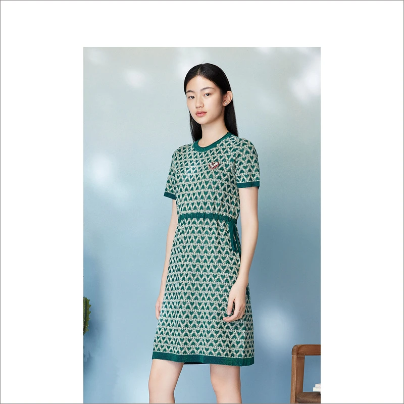 Goodland美地女装夏季新款撞色圆领时尚印花复古连衣裙LC63206397