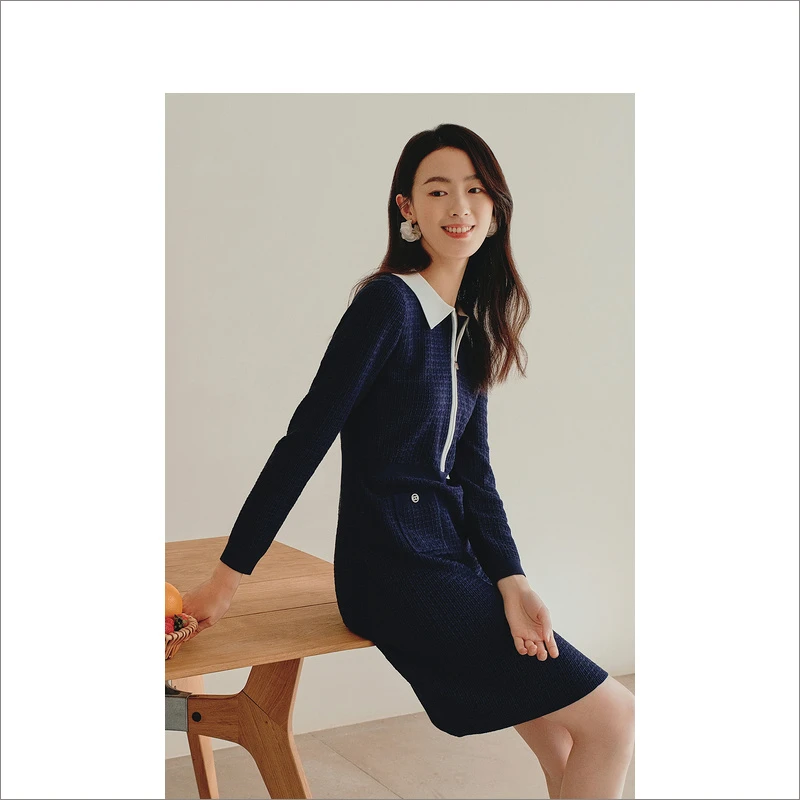 YINER音儿女装冬季新款通勤收腰毛织连衣裙8C62506406