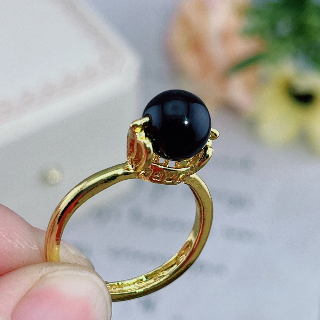 正品黑玛瑙玉髓戒指简约精致百搭素戒8mm珠径开口女款戒指F727