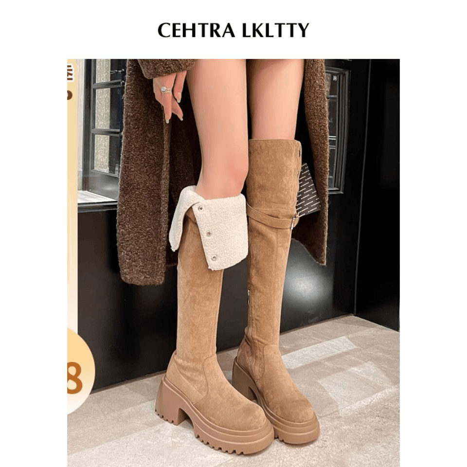 CEHTRALKLTTY加绒过膝雪地靴2023秋冬新款粗高跟长筒靴女骑士靴子