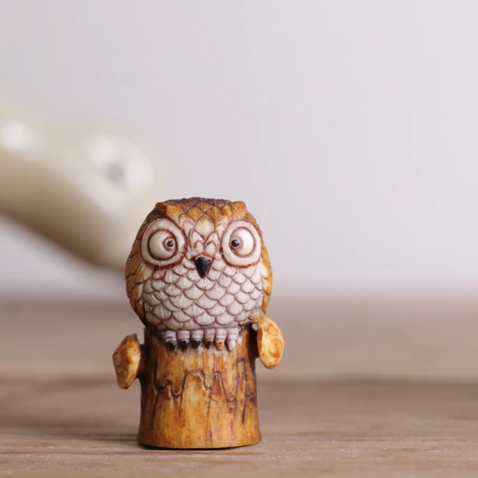 猫头鹰 鹿角雕刻 方颜原创 纯手工 手把件 配饰挂件