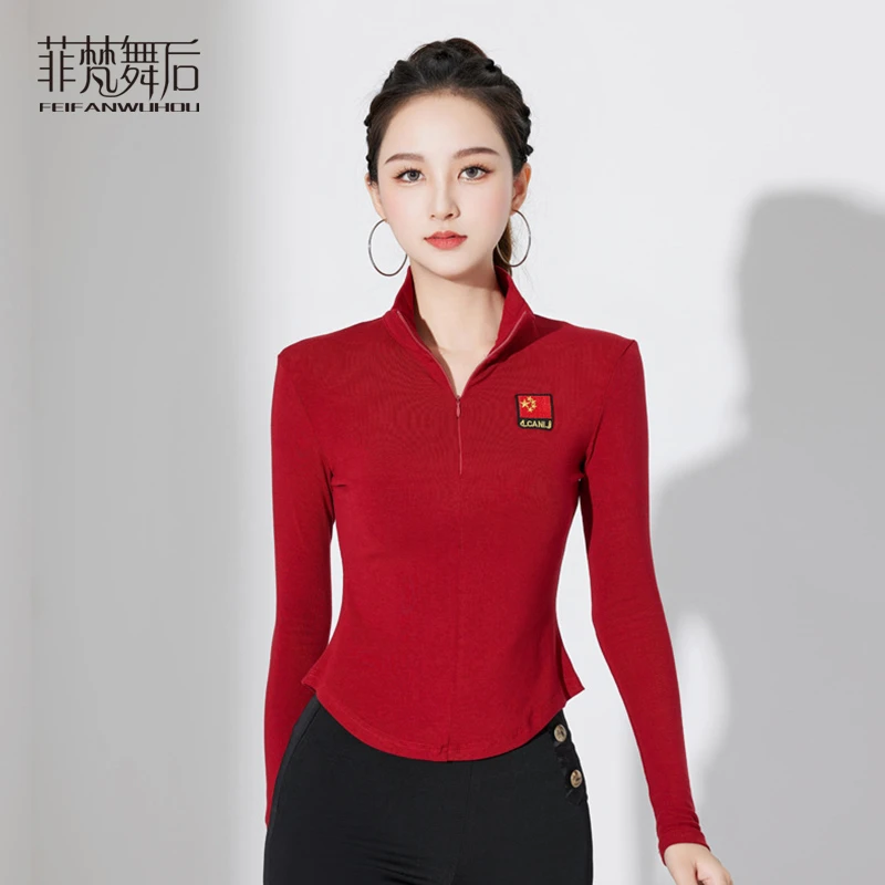 菲梵舞后舞蹈服上衣女新款拉丁舞摩登舞服装舞蹈练功服长袖跳舞衣