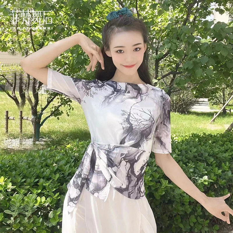 菲梵舞后网纱印花舞蹈服现代舞古典舞中袖练功服系带收腰显瘦上衣