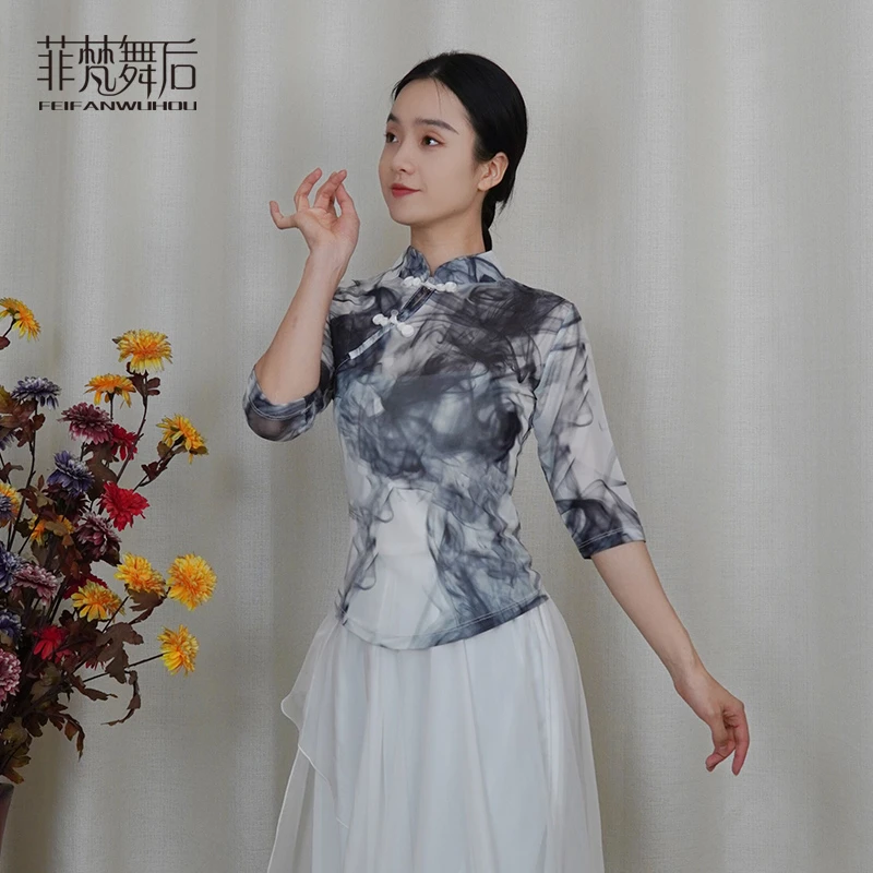 菲梵舞后网纱印花舞蹈服现代舞古典舞短袖练功服系带收腰显瘦上衣