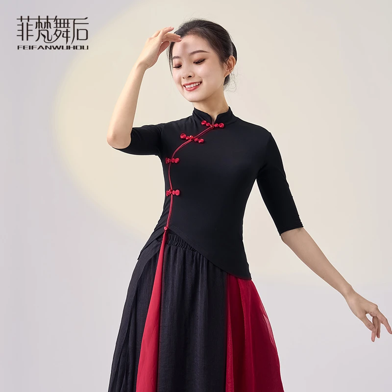 菲梵舞后古典舞蹈服装身韵形体改良旗袍上衣短袖黑色舞蹈练功服女