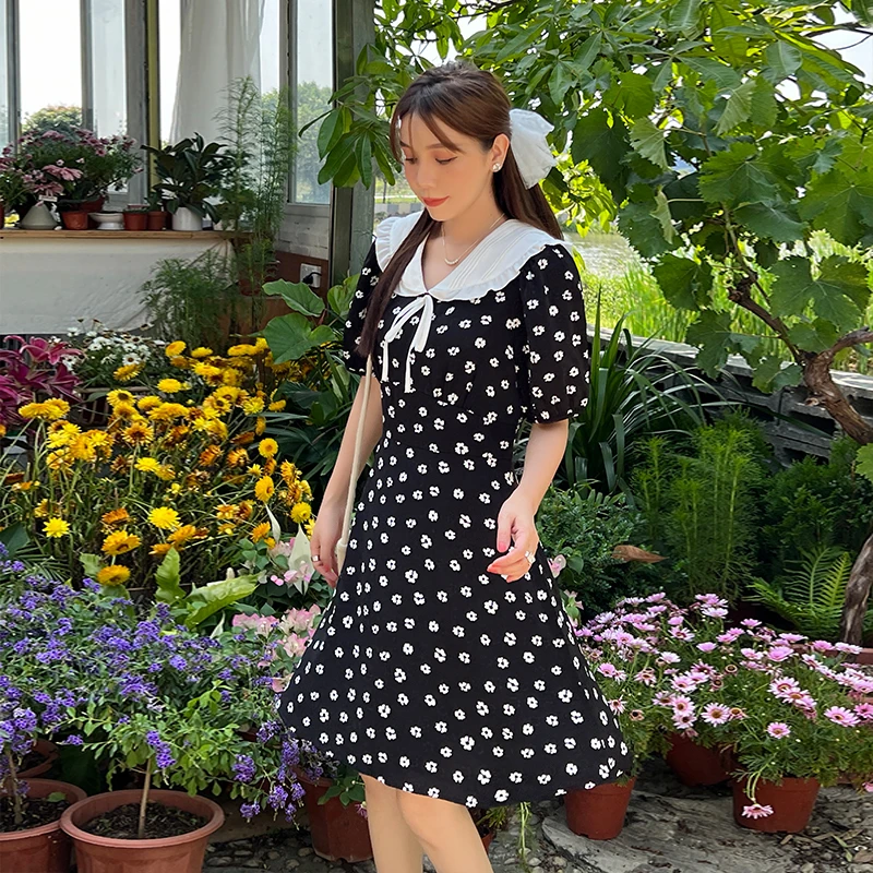 【Q】收腰 短袖法式海军甜美碎花连衣裙女9913