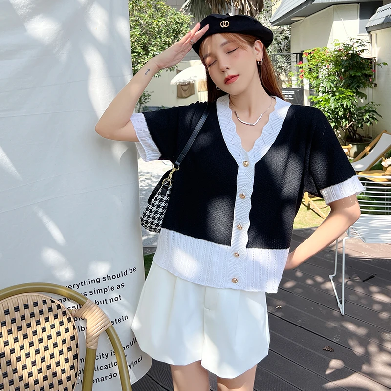 【Q】夏季微胖MM针织拼接短袖上衣 9897