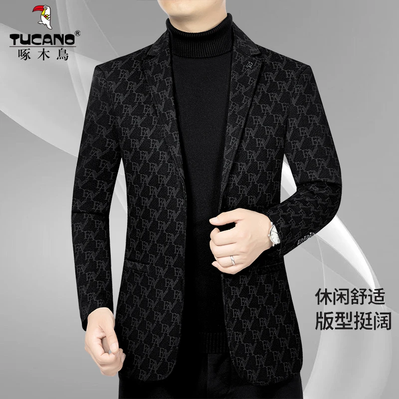 啄木鸟男士西服上衣薄款纯色修身时尚休闲小西装男外套春夏款轻便