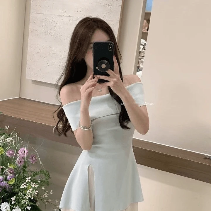 气质收腰开叉一字肩露肩冰丝针织衫女夏季新款设计感修身洋气上衣