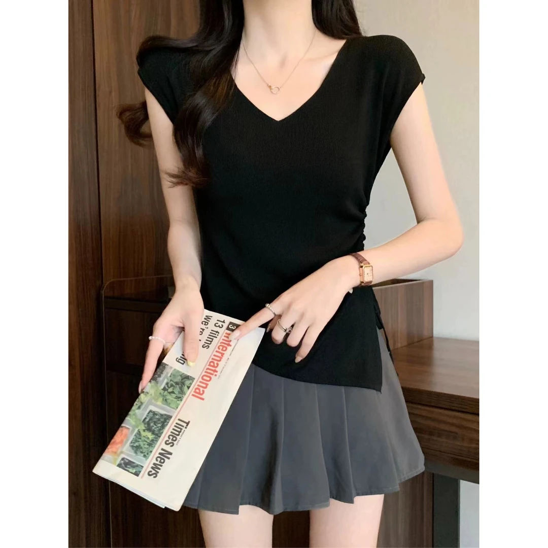 韩系V领收腰曲珠无袖针织T恤夏季新款小众高级感显瘦辣妹洋气上衣