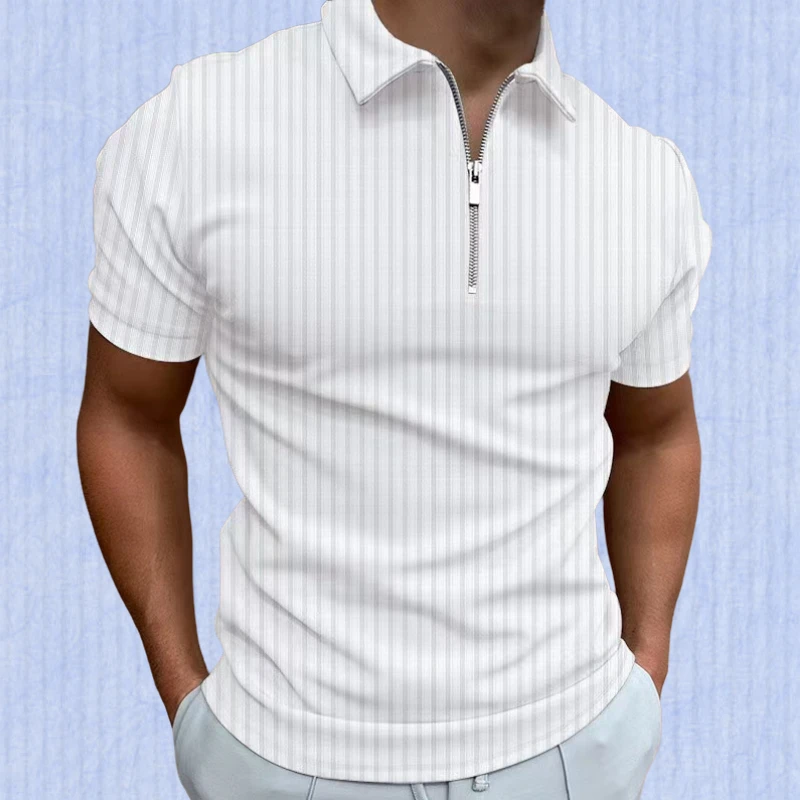 2025春夏新款POLO衫拉链条纹男士马球衫T恤 百搭纯色打底翻领修身