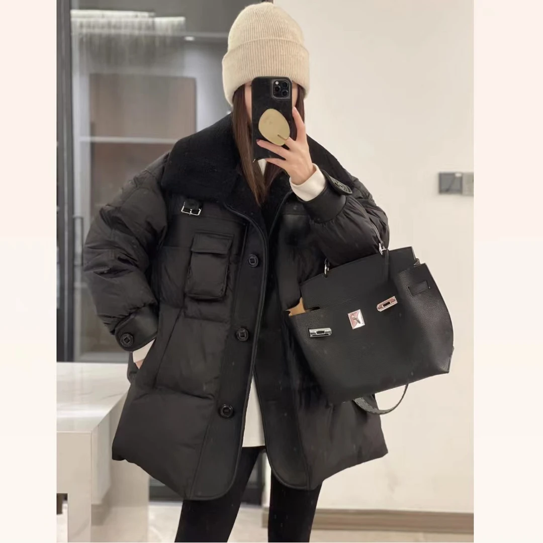 Jun J 子专属设计师拼接款羽绒服 中长款百搭宽松时尚