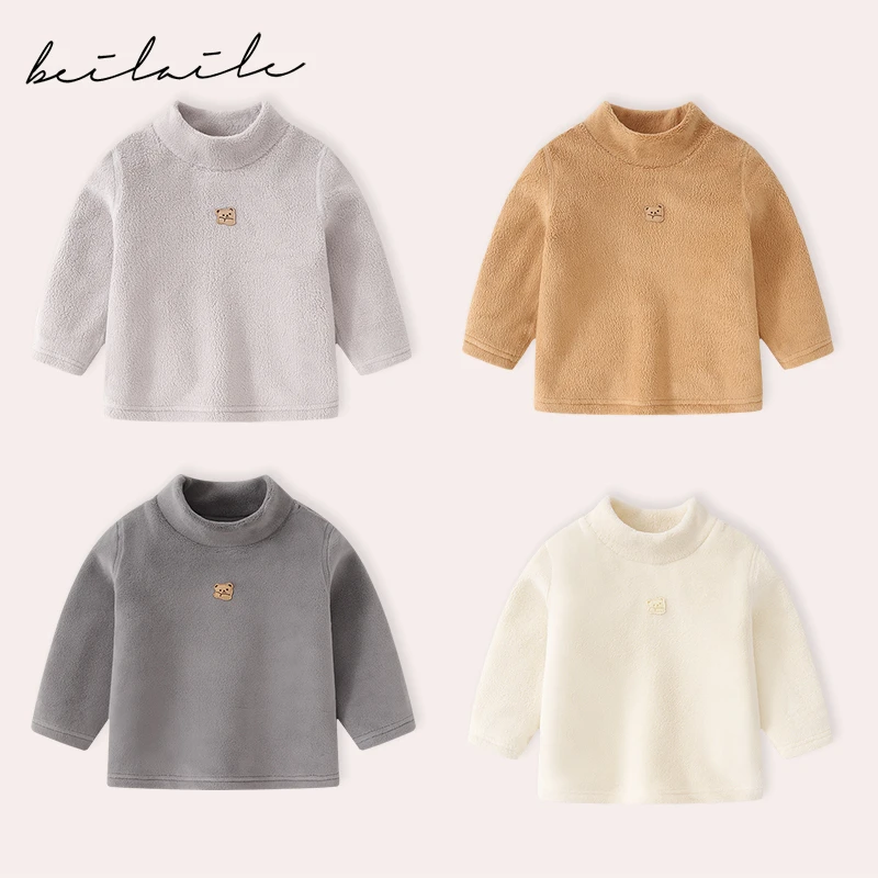 婴儿保暖衣加绒秋冬女宝宝上衣男童绒衣半高领衣服