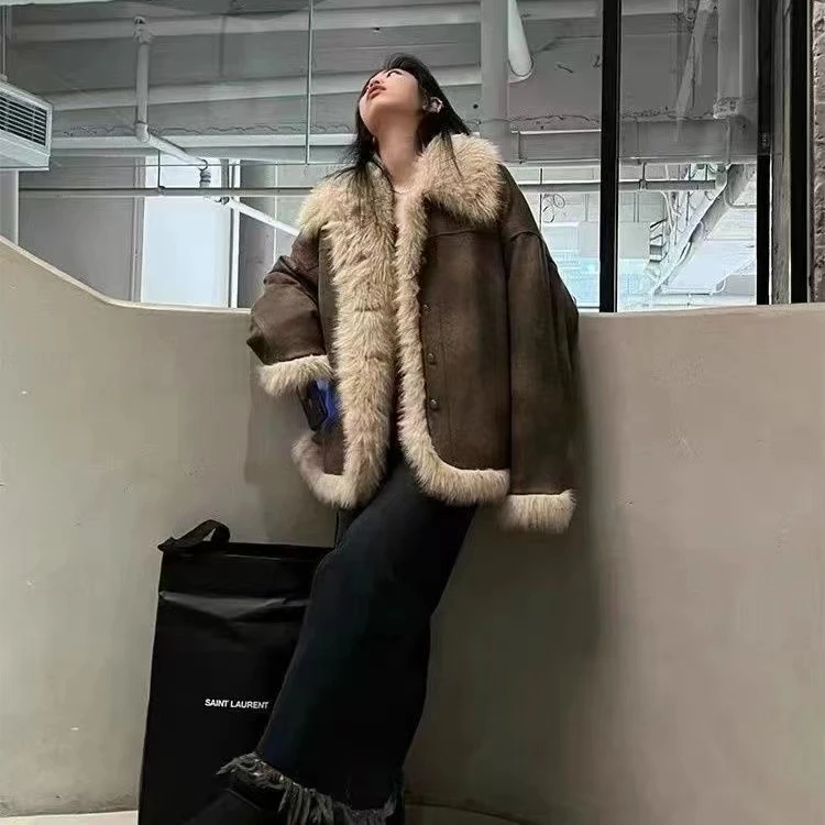 洋洋家新款美式鹿皮绒拼接外套美拉德加绒加厚机车风女士