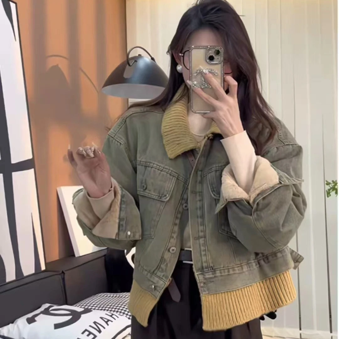 洋洋家新款时尚牛仔外套大码加绒显瘦洋气拼接