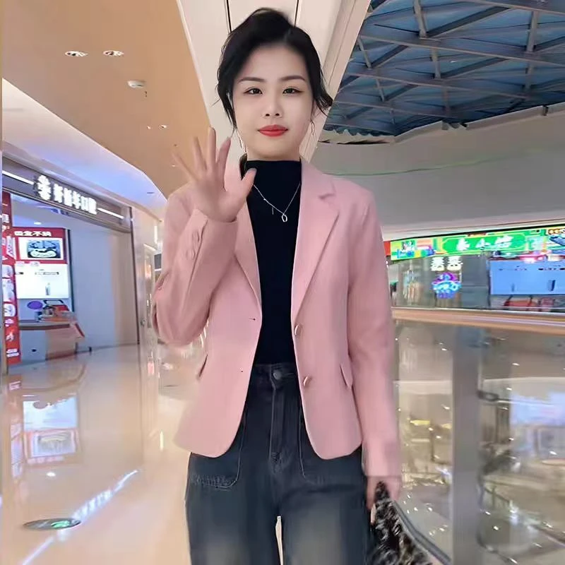 粉色短款西装外套女休闲2025新款春秋装小个子韩版高级设计感西服