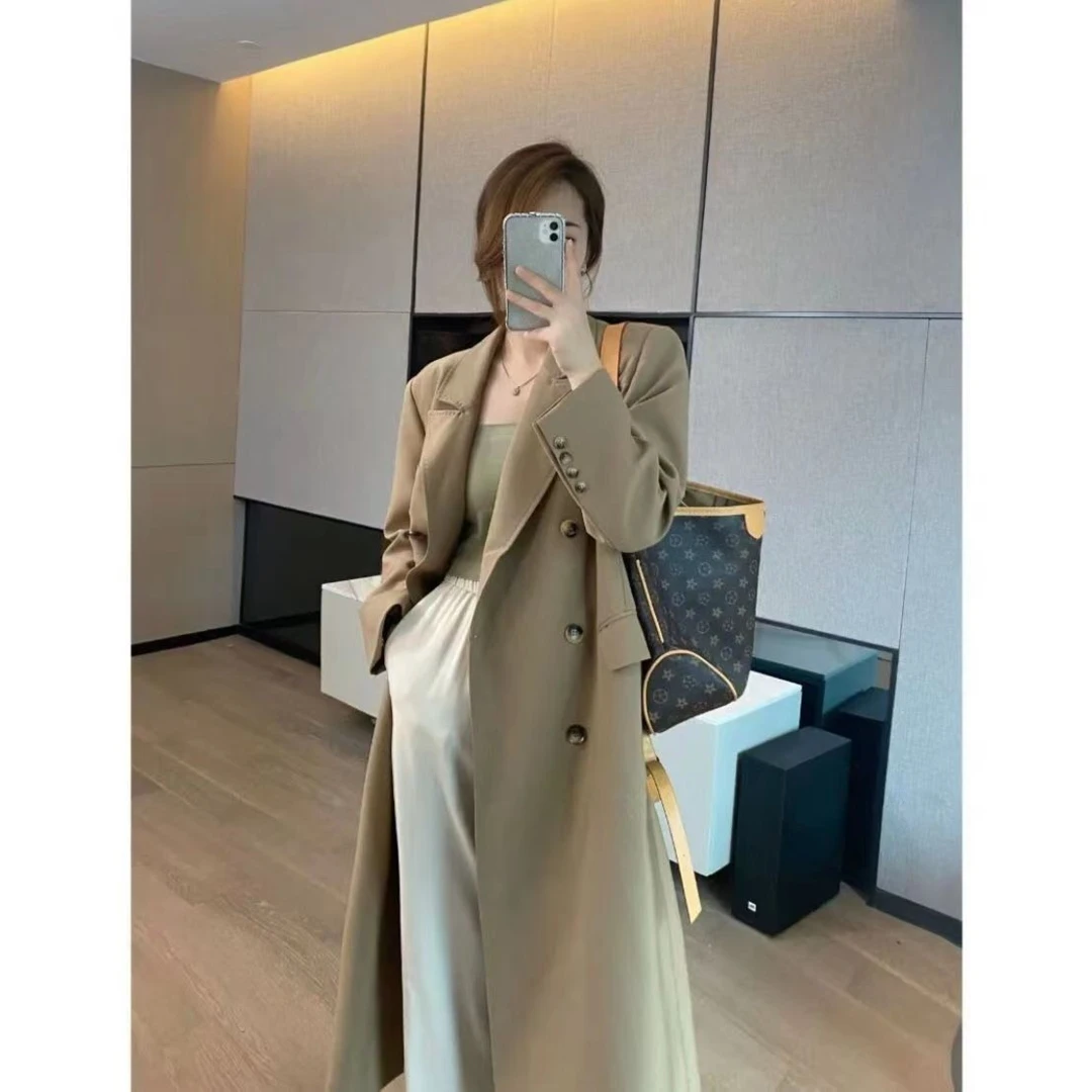 韩国chic秋冬法式气质西装领双门襟设计款宽松过膝长款西装外套女