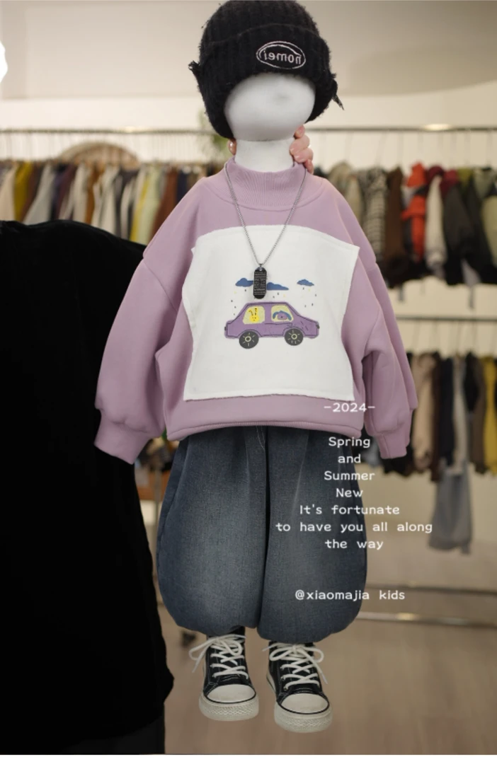 现货-儿童冬季加绒加厚糕糕绒卫衣D-3971宽松纯色时尚套头卫衣