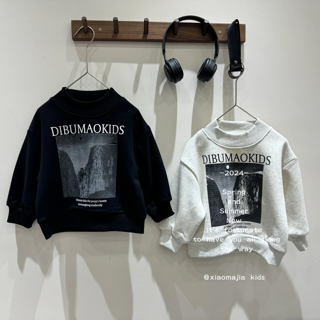 现货-冬季加绒一体绒时尚套头卫衣D-3551男女童印花休闲上衣