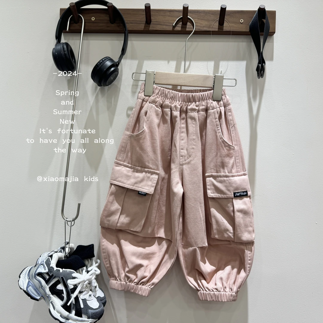 现货-儿童秋季新款纯棉休闲裤D-3018纯色工装宽松束脚裤男女同款