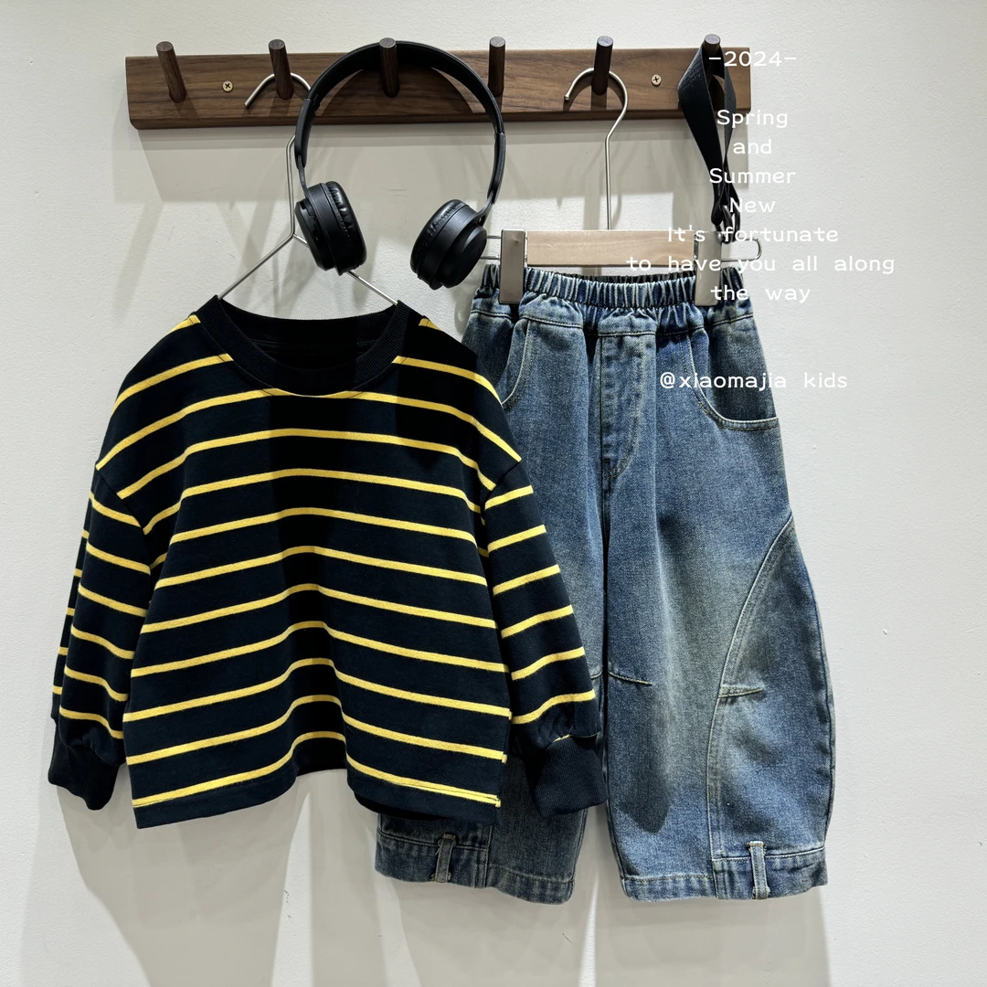 儿童秋季纯棉韩版卫衣D-3252条纹打底衫帅气上衣圆领百搭男女童