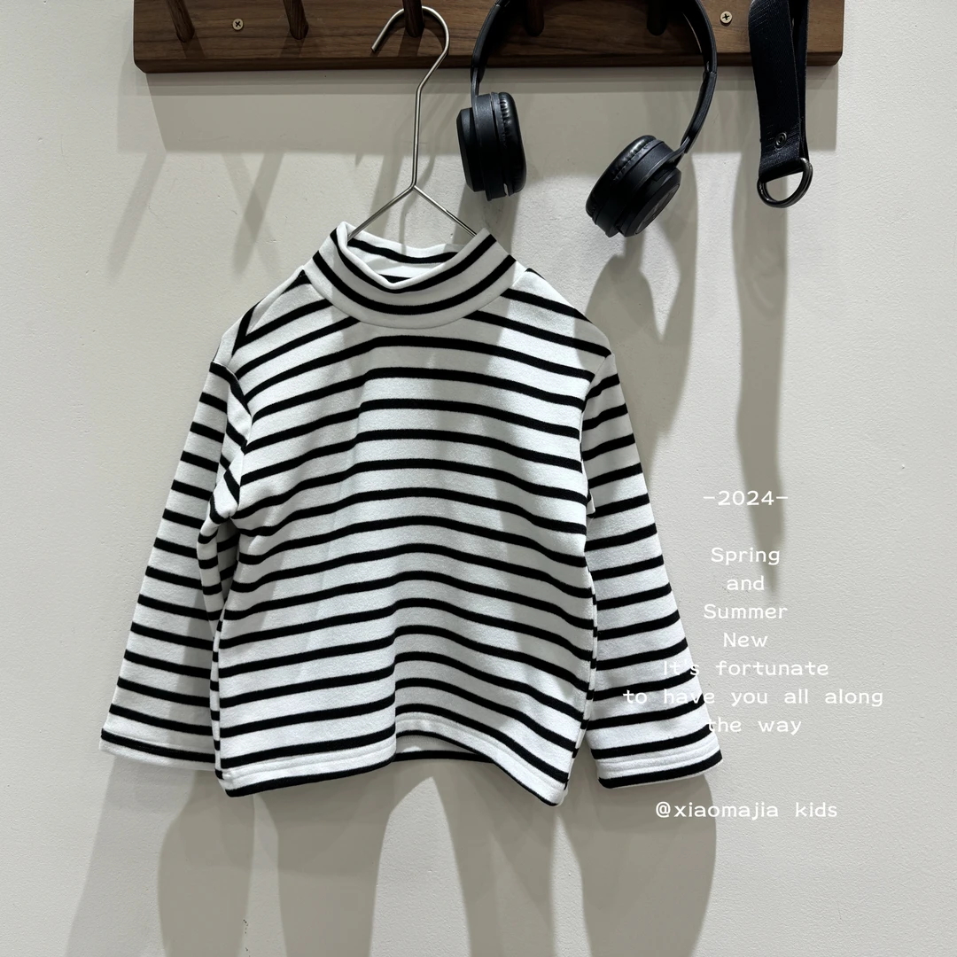 现货-儿童冬季条纹打底衫D-3791纯色时尚潮流简约百搭帅宽松圆领