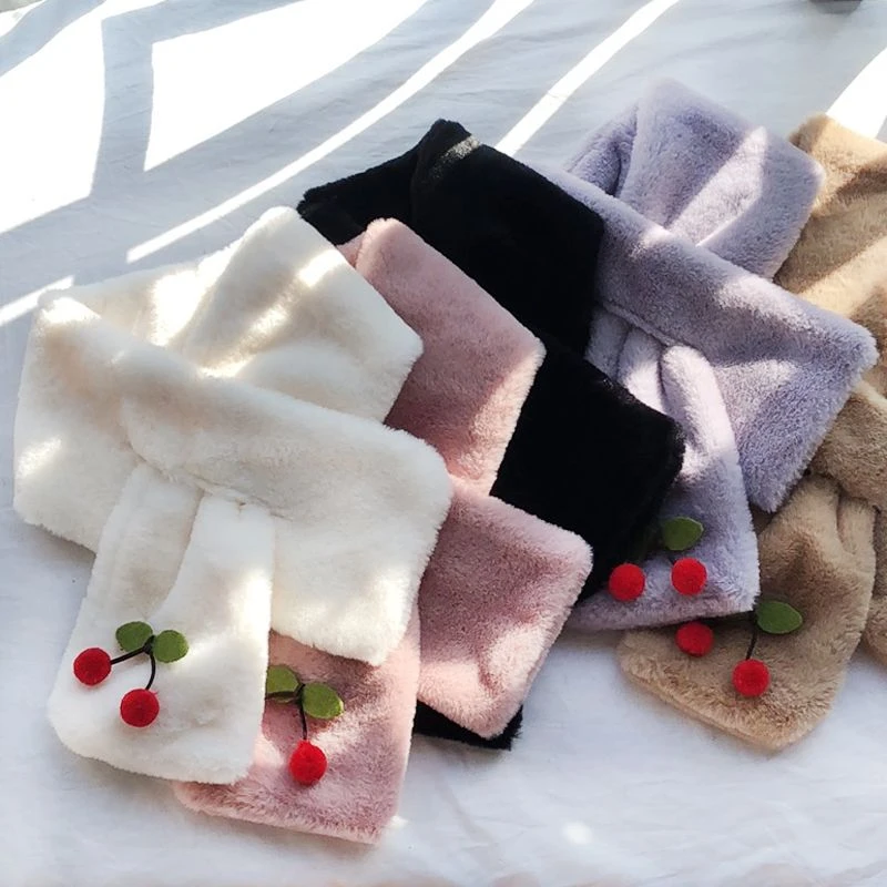 韩国东大门毛绒围巾女秋冬可爱学生软妹日系保暖百搭樱桃毛毛围脖