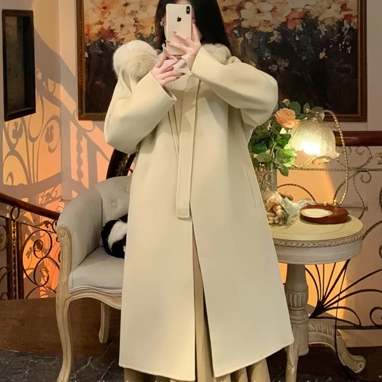 小魔女  狐狸毛领双面羊毛大衣秋冬外套洋气保暖网红宽松毛呢加厚