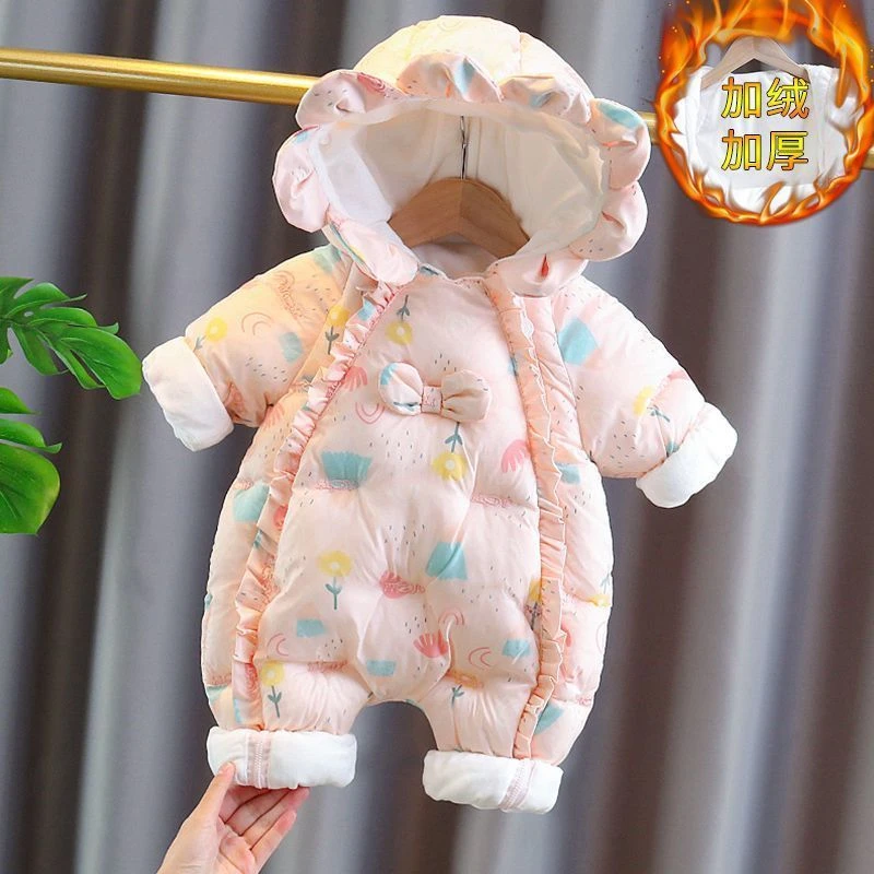 婴儿连体衣服秋冬装新生女宝宝超萌公主加绒加厚百天周岁棉服哈衣