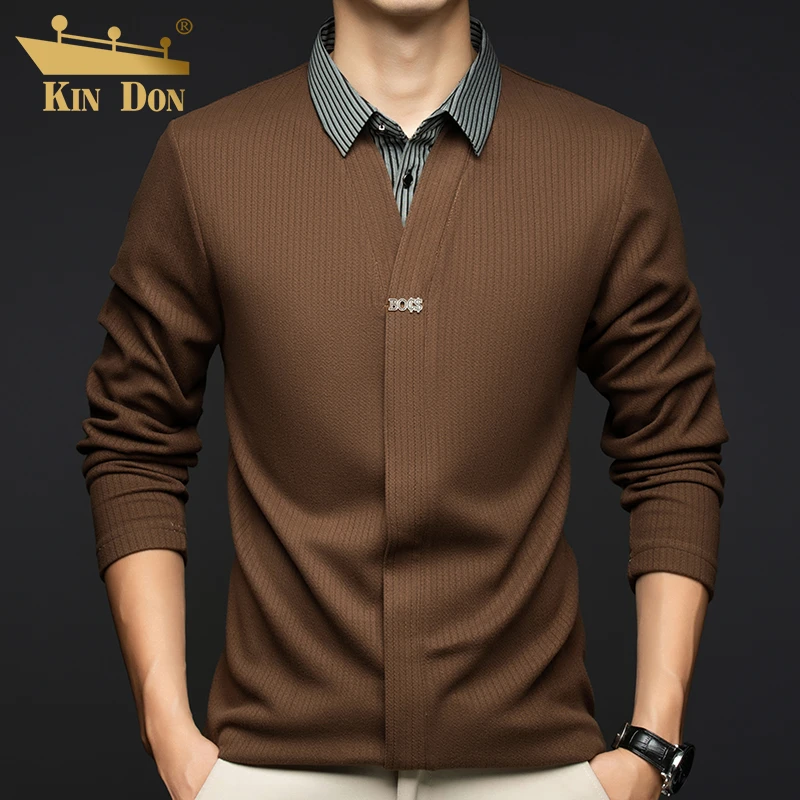 金盾男士商务休闲假两件针织衫春秋季新款T恤条纹衬衫领长袖毛衣