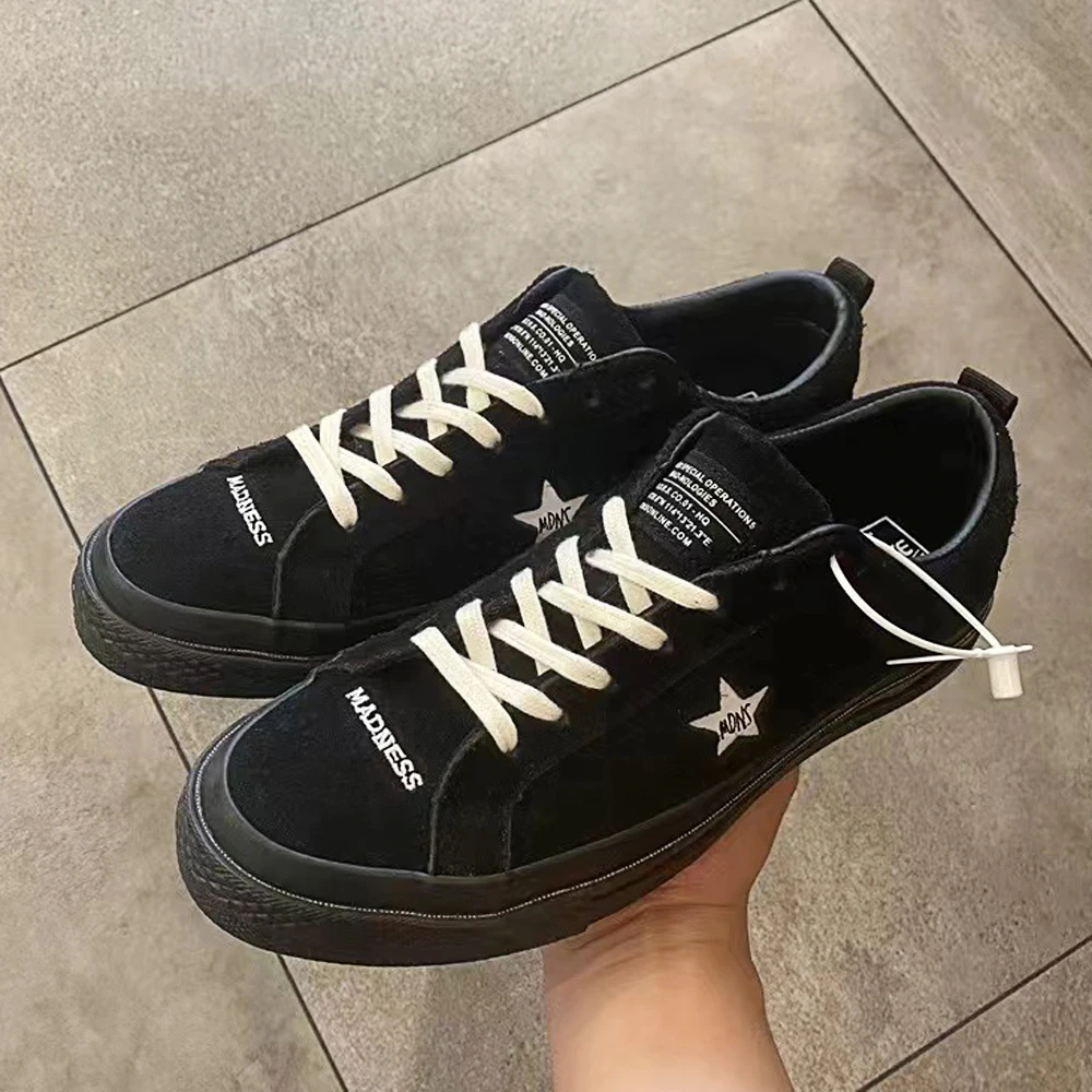 【开窗刺绣版】黑色长植绒五角星低帮美式板鞋男休闲鞋反绒皮休闲鞋