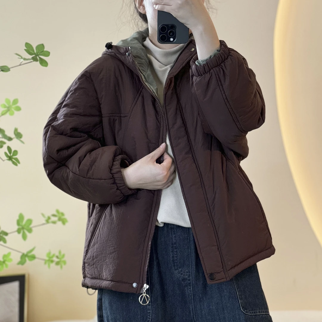 （浅笑）82157棉衣女冬季休闲文艺大码保暖百搭连帽棉服外套