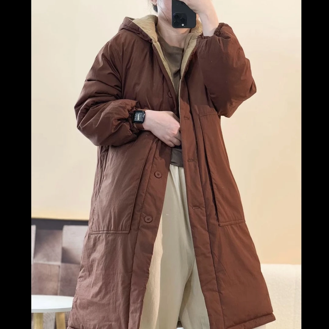 （浅笑）23192 .冬季文艺复古加厚棉衣女大口袋连帽中长款厚外套